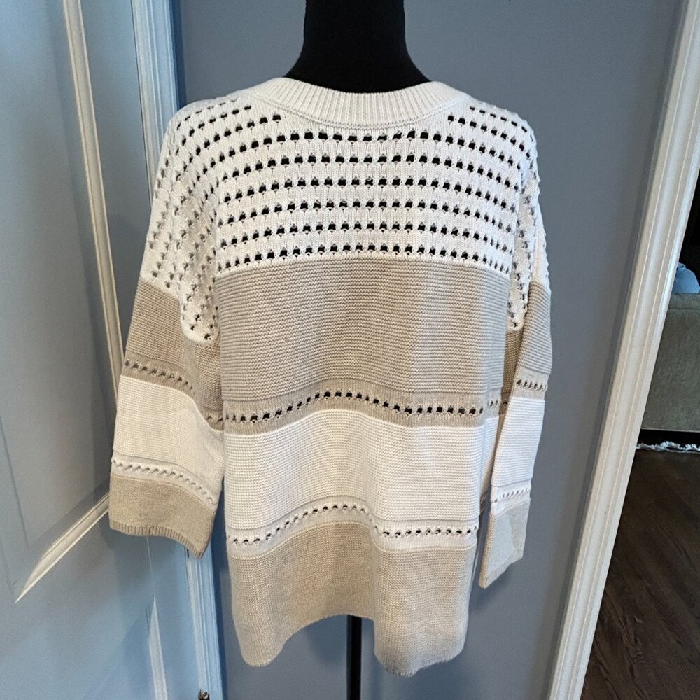 Kinross Cotton Lightweight Cotton Pullover, Size Large, Beige/White Colorblock,